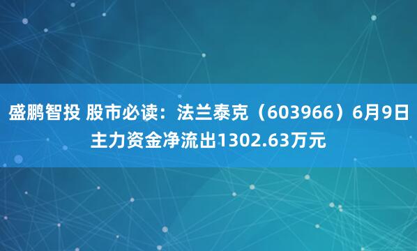 盛鹏智投 股市必读：法兰泰克（603966）6月9日主力资金净流出1302.63万元